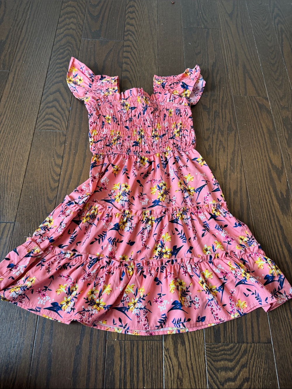 Girls Pink Floral Tiered Sundress with Ruffle Sleeves